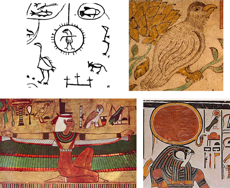 Pictures of a bird on a Sami shaman drum, the bird-god (and possibly Loki) Hoenir, Egyptian goddess Isis, and falcon-headed Horus