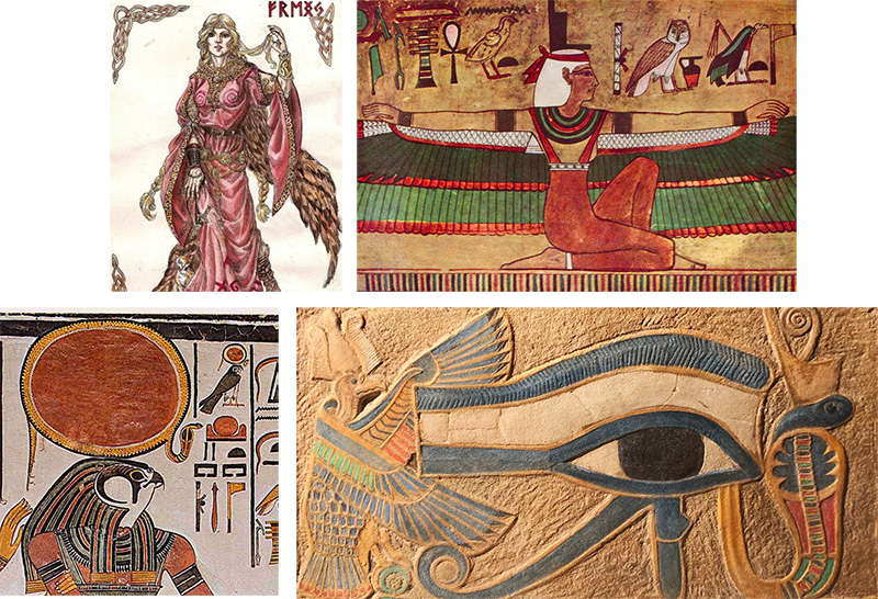 Pictures of Freyja, Isis, falcon-headed Horus, and Eye of Horus