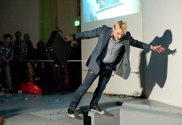 Scotch Wichmann performing a shamanic performance art piece called Echolocation for The Unconscious, San Francisco, CA, 2014